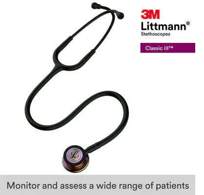 3M™ Littmann® Classic III™ Monitoring Stethoscope, 5870, Rainbow-Finish Chestpiece, black stem and headset, Black Tube image 9